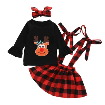 Menina Roupas de Natal Roupa de Manga Longa Bonito T-shirt + Suspensório Xadrez da Saia + Cabeça 3Pcs Criança Roupas de Meninas Conjunto