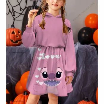 Outono e inverno novo Disney meninas capuz vestido de camisola de impressão Ponto de desenhos animados pulôver de desportos casuais roupas de meninas
