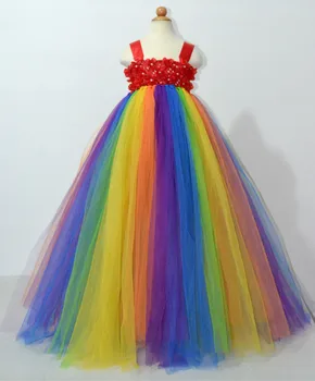 Cor do arco-íris Meninas Flores Longa Tutu Vestido de Crianças Fofas Crochê Tule Tutus Bola Vestido com laço de Fita de Crianças Vestido de Festa Tecido