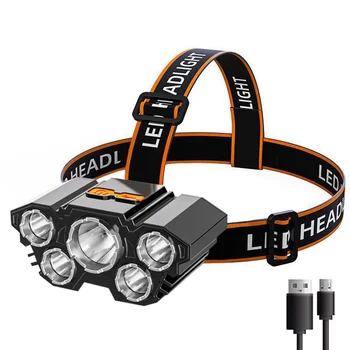 Novo e leve headwear cinco careca lâmpada de carregamento USB de pesca exteriores da noite noite em execução de indução forte luz de longo alcance headl