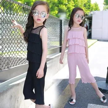 Meninas O Verão Cor Pura Sem Mangas Do Terno 2021 Nova Coreano Do Verão Das Crianças Chiffon Grande Perna De Calça Roupa De Duas Peças