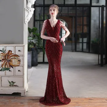 Ouro/Paetês Borgonha Sereia Longo Vestido De Baile 2021 Off Ombro Noite De Cristal Vestido Formal, Concurso De Desgaste Do Vestido De Casamento